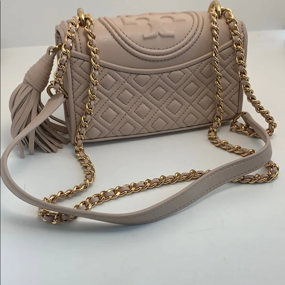 Tory Burch Leather Quilted Flap Micro Crossbody with Gold Chain and Tassel